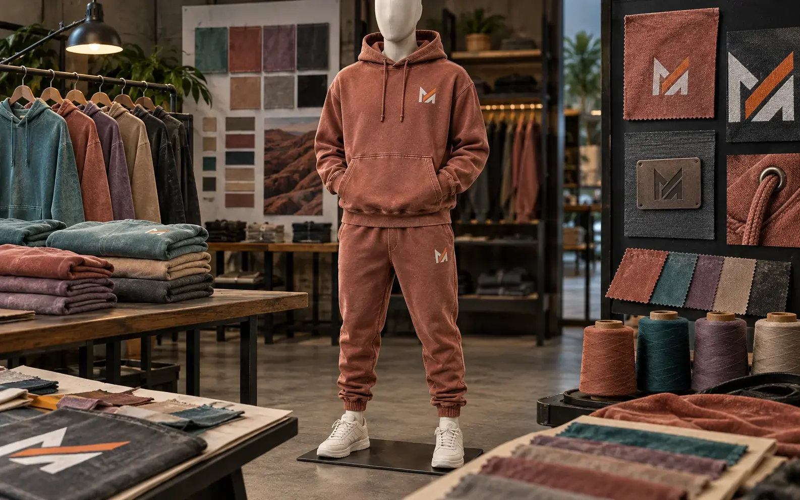 Garment-dyed terracotta hoodie and matching jogger sweatpants with Mega Apparel logos, displayed on a faceless mannequin surrounded by fabric swatches, printing samples, and branding materials.
